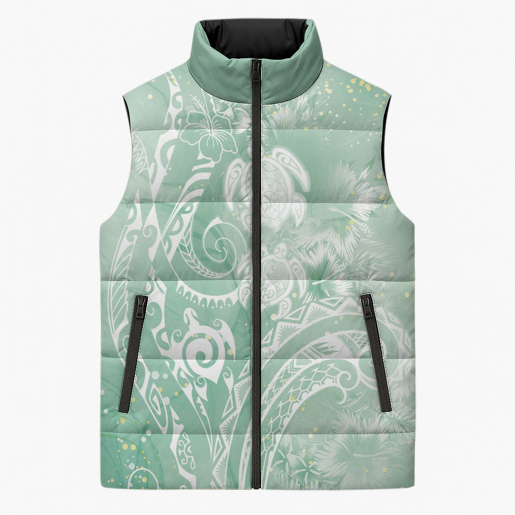 Aloha Hawaii Turtles Floral Sleeveless Puffer Jacket Seafoam Marbles Glaze