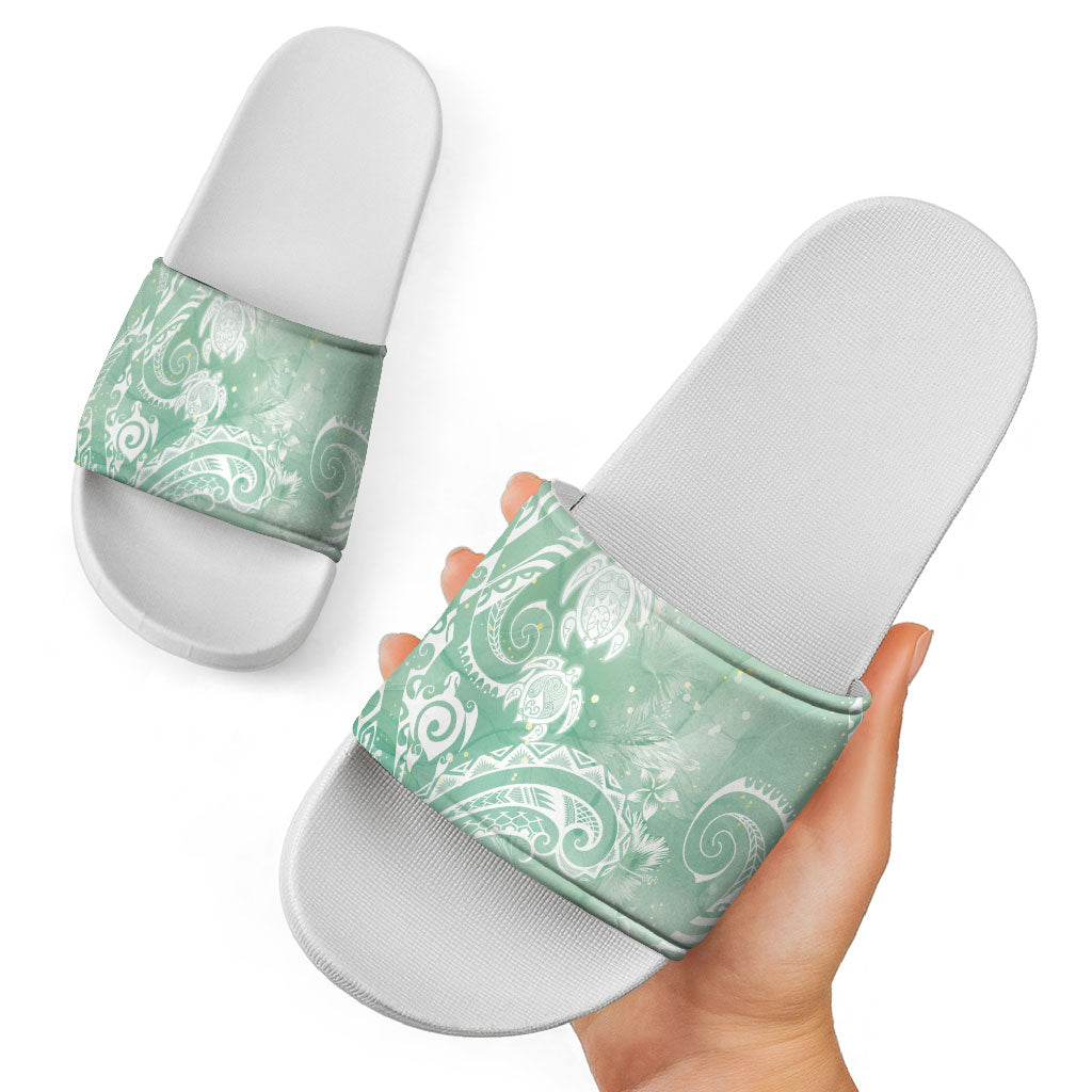 Aloha Hawaii Turtles Floral Slide Sandals Seafoam Marbles Glaze