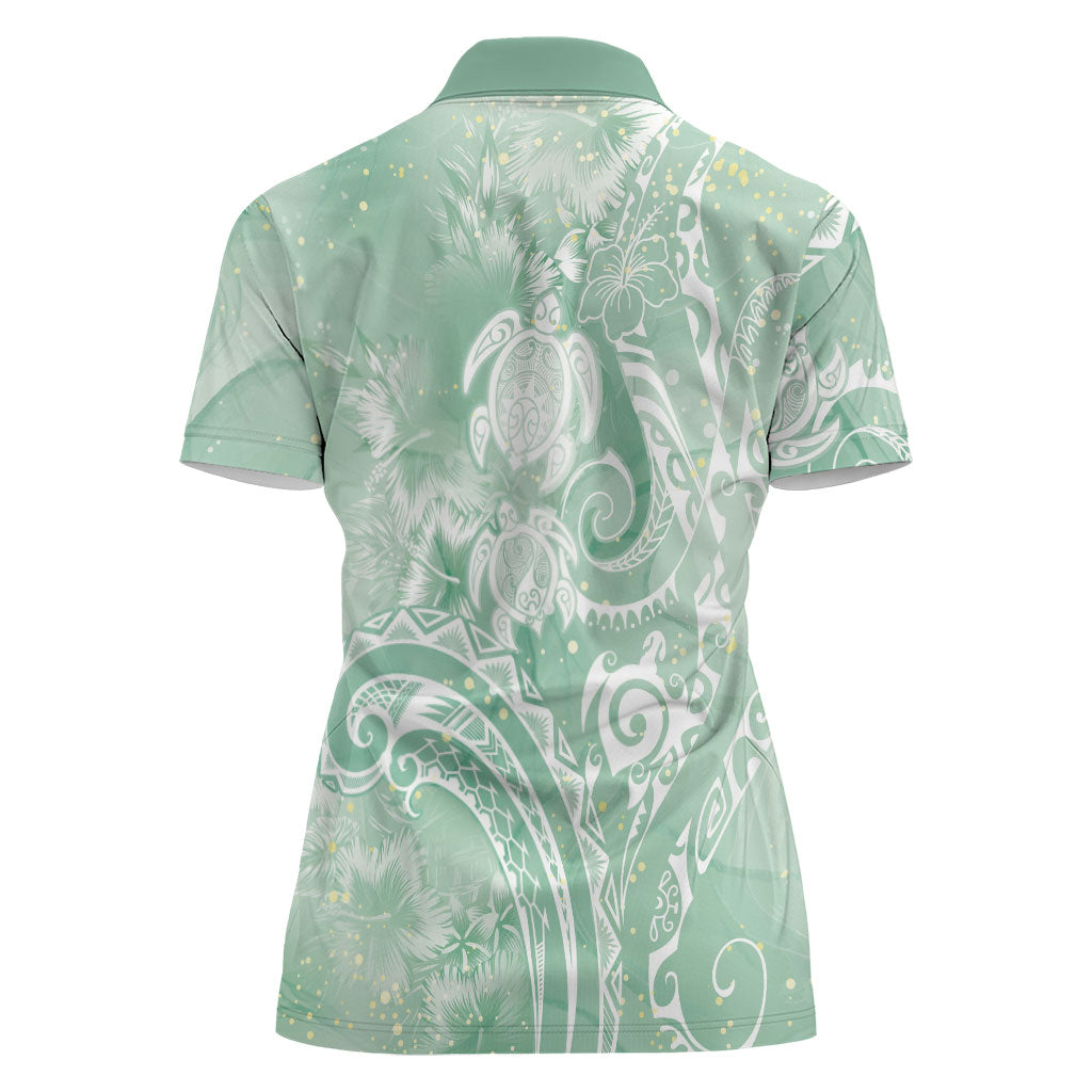 Aloha Hawaii Turtles Floral Women Polo Shirt Seafoam Marbles Glaze