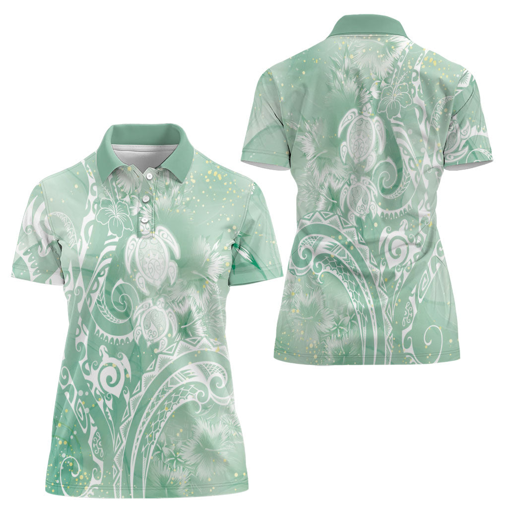 Aloha Hawaii Turtles Floral Women Polo Shirt Seafoam Marbles Glaze