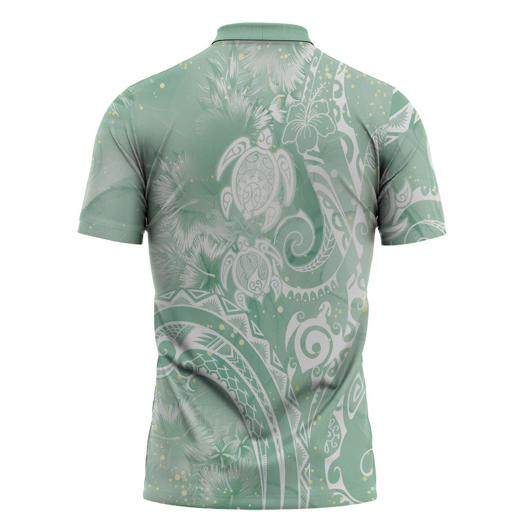 Aloha Hawaii Turtles Floral Zipper Polo Shirt Seafoam Marbles Glaze