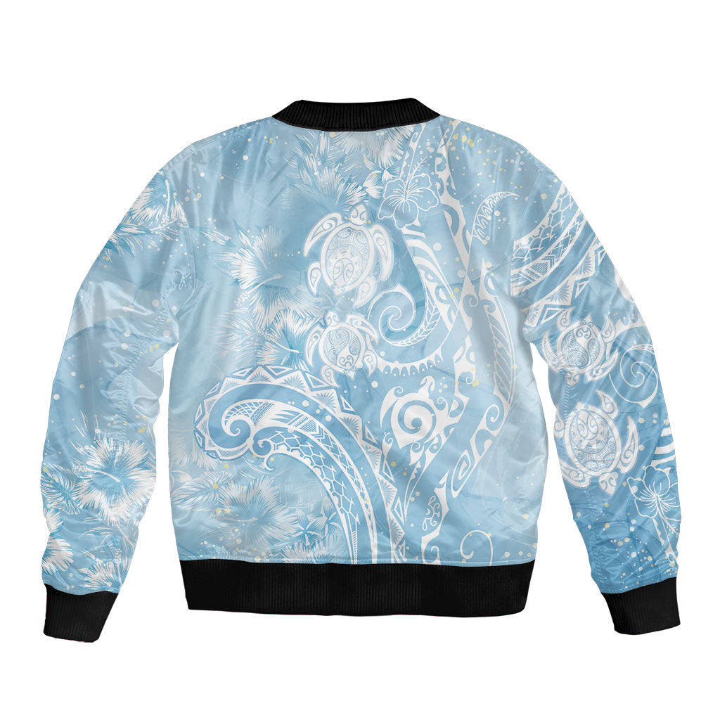 Aloha Hawaii Turtles Floral Bomber Jacket Aqua Marbles Glaze
