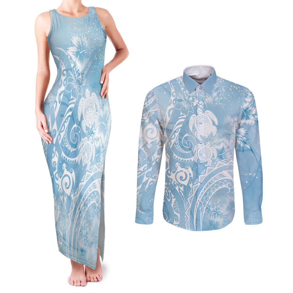 Aloha Hawaii Turtles Floral Couples Matching Tank Maxi Dress and Long Sleeve Button Shirt Aqua Marbles Glaze LT7 Aqua - Polynesian Pride