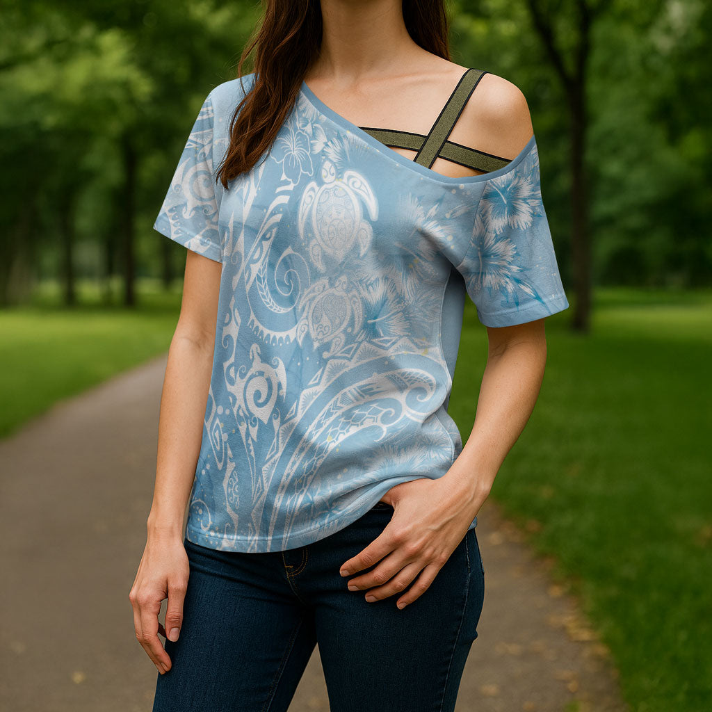 Aloha Hawaii Turtles Floral Cross Shoulder Shirt Aqua Marbles Glaze