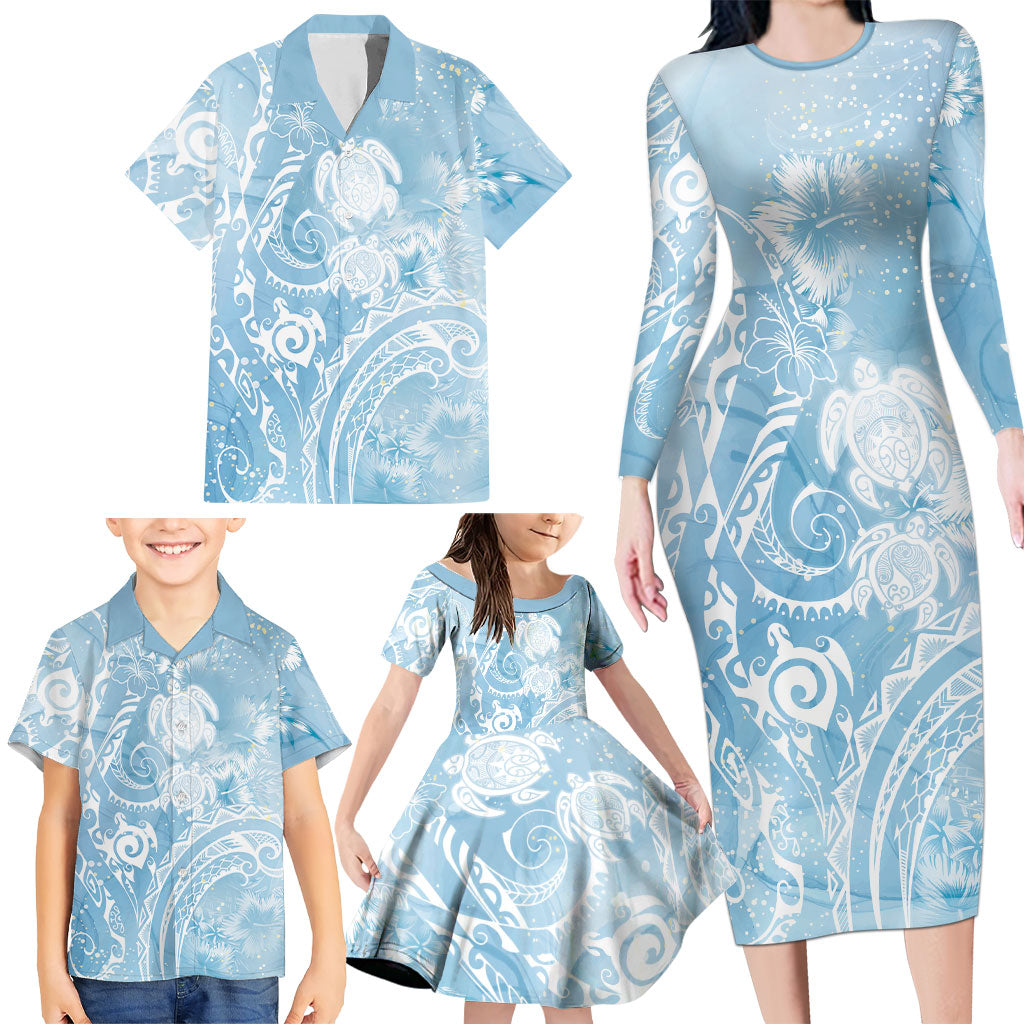 Aloha Hawaii Turtles Floral Family Matching Long Sleeve Bodycon Dress and Hawaiian Shirt Aqua Marbles Glaze LT7 - Polynesian Pride