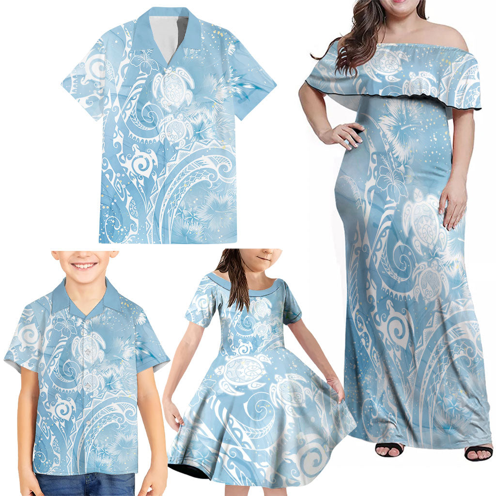Aloha Hawaii Turtles Floral Family Matching Off Shoulder Maxi Dress and Hawaiian Shirt Aqua Marbles Glaze LT7 - Polynesian Pride