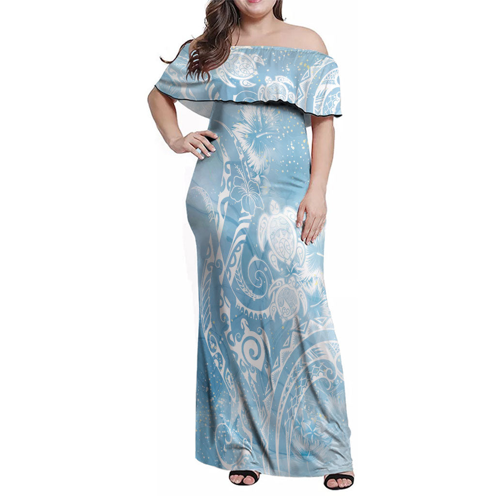 Aloha Hawaii Turtles Floral Family Matching Off Shoulder Maxi Dress and Hawaiian Shirt Aqua Marbles Glaze