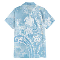 Aloha Hawaii Turtles Floral Family Matching Off Shoulder Short Dress and Hawaiian Shirt Aqua Marbles Glaze