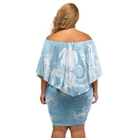 Aloha Hawaii Turtles Floral Family Matching Off Shoulder Short Dress and Hawaiian Shirt Aqua Marbles Glaze