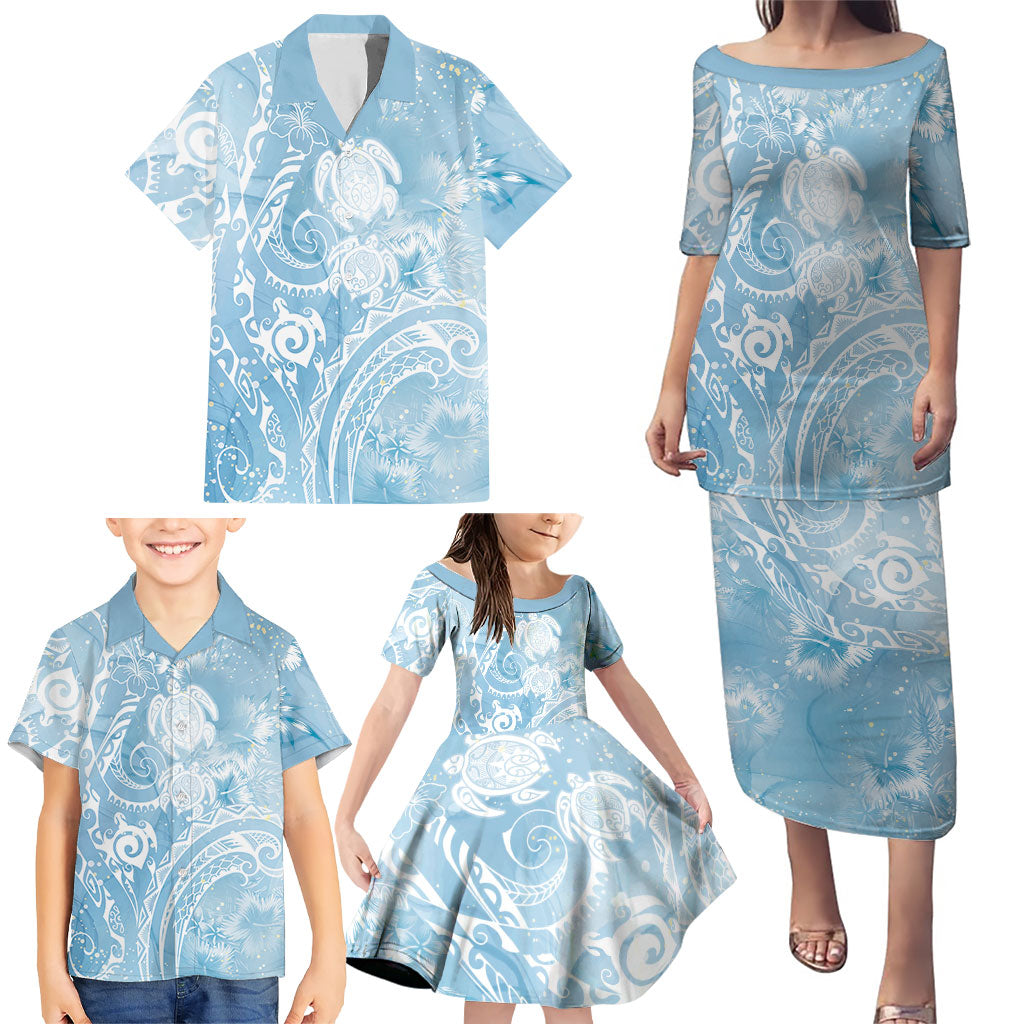 Aloha Hawaii Turtles Floral Family Matching Puletasi and Hawaiian Shirt Aqua Marbles Glaze LT7 - Polynesian Pride