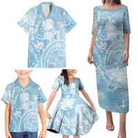 Aloha Hawaii Turtles Floral Family Matching Puletasi and Hawaiian Shirt Aqua Marbles Glaze