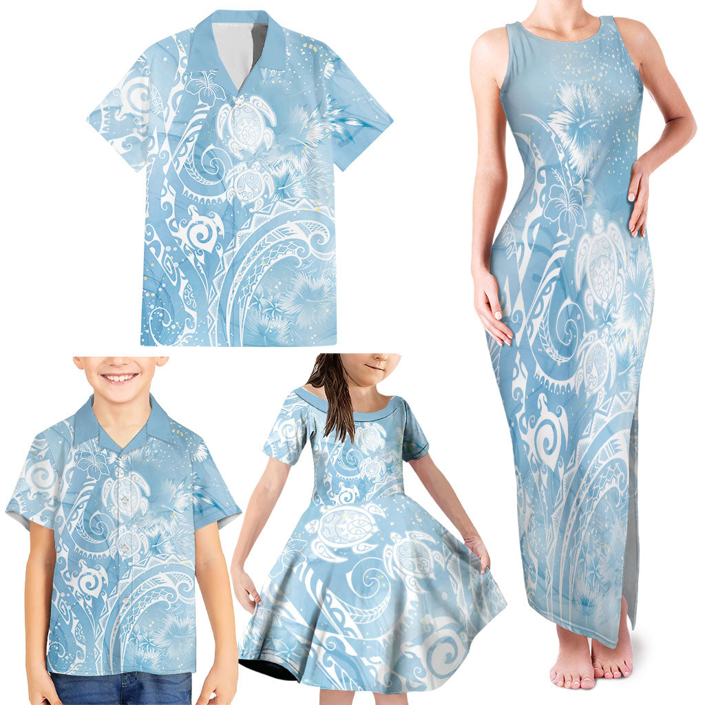 Aloha Hawaii Turtles Floral Family Matching Tank Maxi Dress and Hawaiian Shirt Aqua Marbles Glaze
