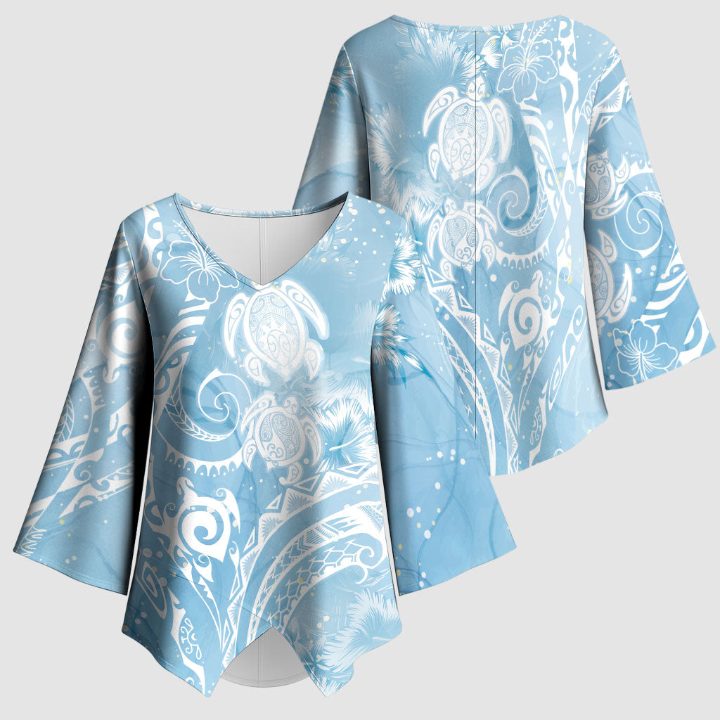 Aloha Hawaii Turtles Floral Kimono Sleeve Blouse Aqua Marbles Glaze