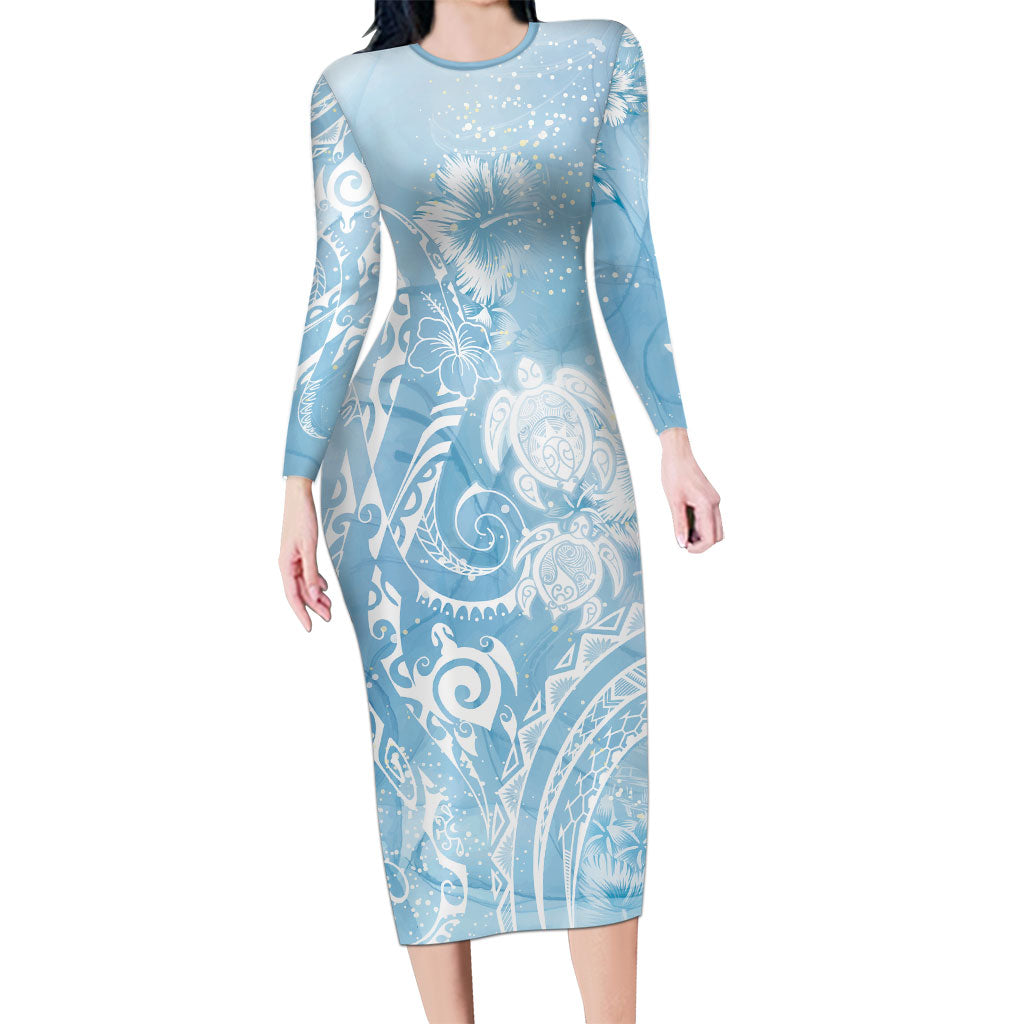 Aloha Hawaii Turtles Floral Long Sleeve Bodycon Dress Aqua Marbles Glaze LT7 Long Dress Aqua - Polynesian Pride