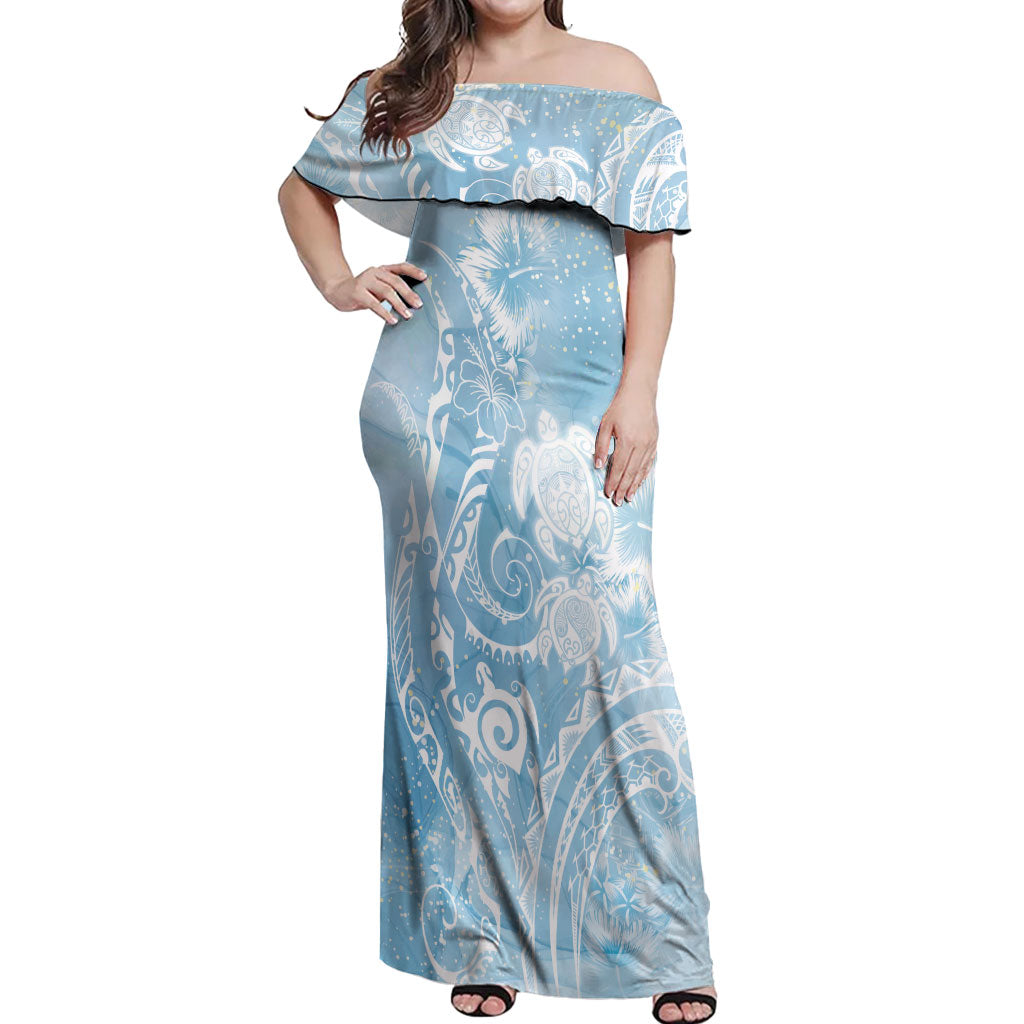 Aloha Hawaii Turtles Floral Off Shoulder Maxi Dress Aqua Marbles Glaze