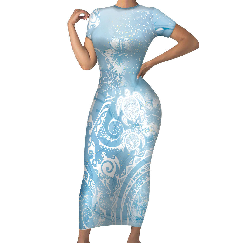 Aloha Hawaii Turtles Floral Short Sleeve Bodycon Dress Aqua Marbles Glaze LT7 Long Dress Aqua - Polynesian Pride