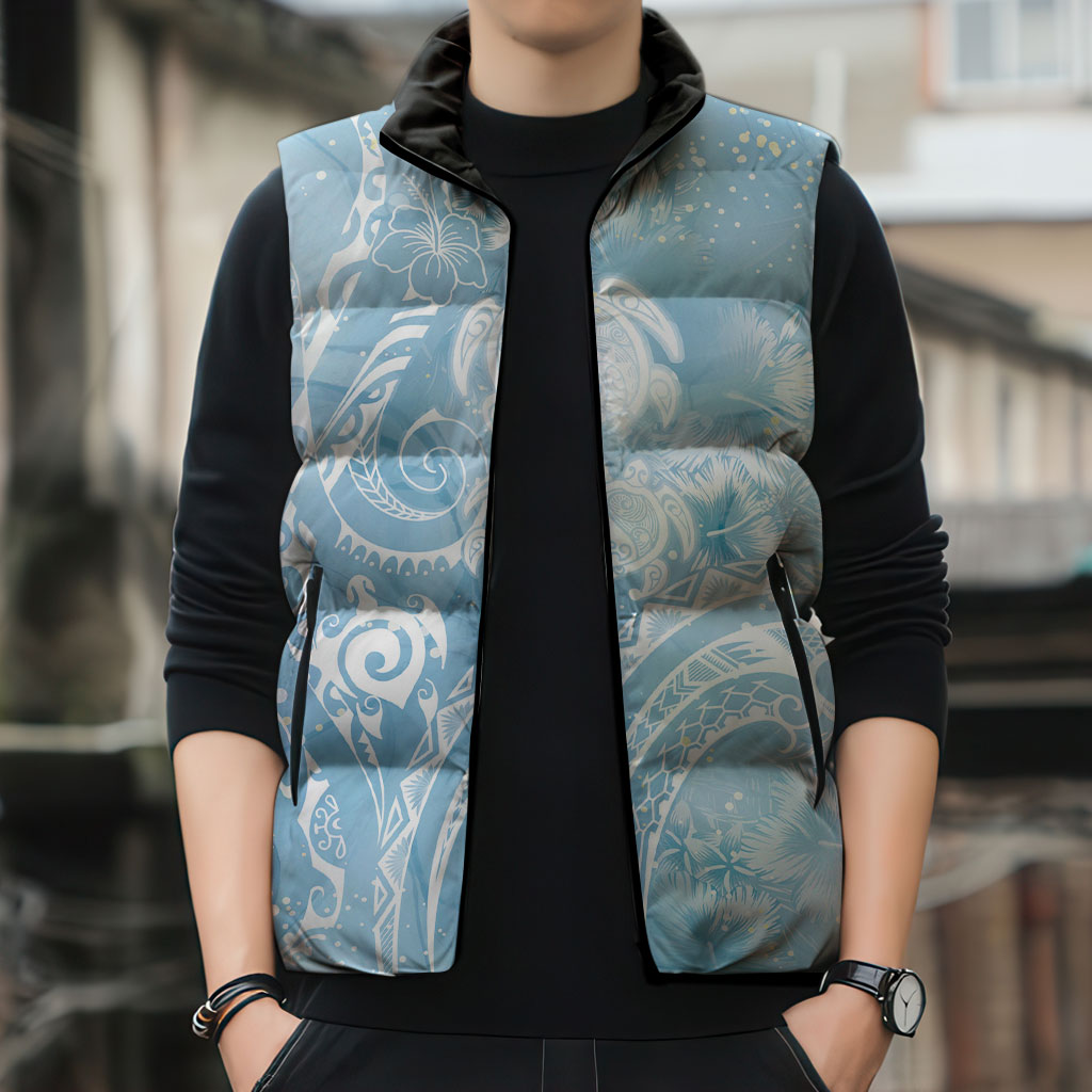 Aloha Hawaii Turtles Floral Sleeveless Puffer Jacket Aqua Marbles Glaze