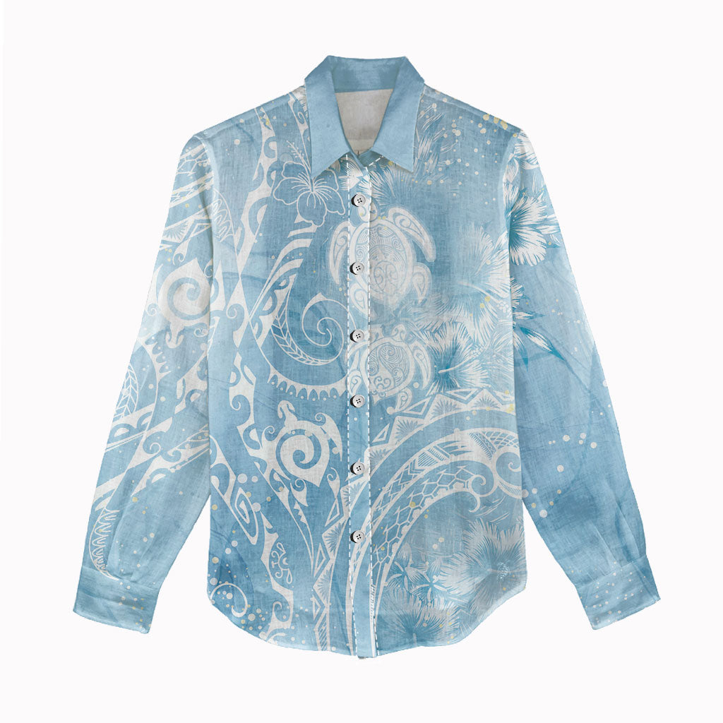 Aloha Hawaii Turtles Floral Women Casual Shirt Aqua Marbles Glaze LT7 - Polynesian Pride