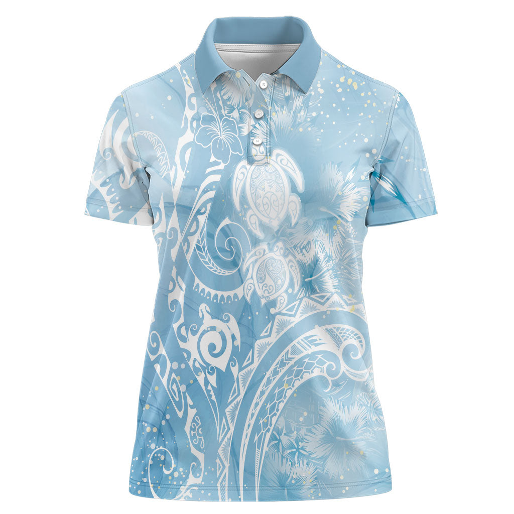 Aloha Hawaii Turtles Floral Women Polo Shirt Aqua Marbles Glaze