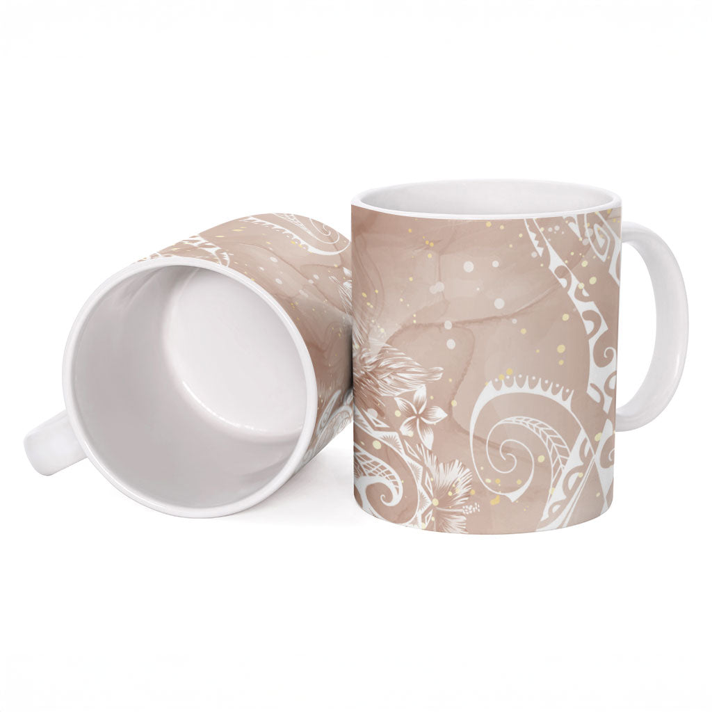 Aloha Hawaii Turtles Floral Ceramic Mug Taupe Marbles Glaze