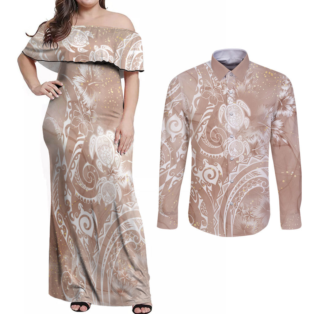 Aloha Hawaii Turtles Floral Couples Matching Off Shoulder Maxi Dress and Long Sleeve Button Shirt Taupe Marbles Glaze LT7 Taupe - Polynesian Pride