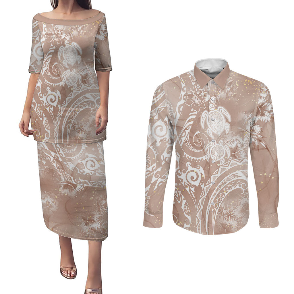 Aloha Hawaii Turtles Floral Couples Matching Puletasi and Long Sleeve Button Shirt Taupe Marbles Glaze LT7 Taupe - Polynesian Pride