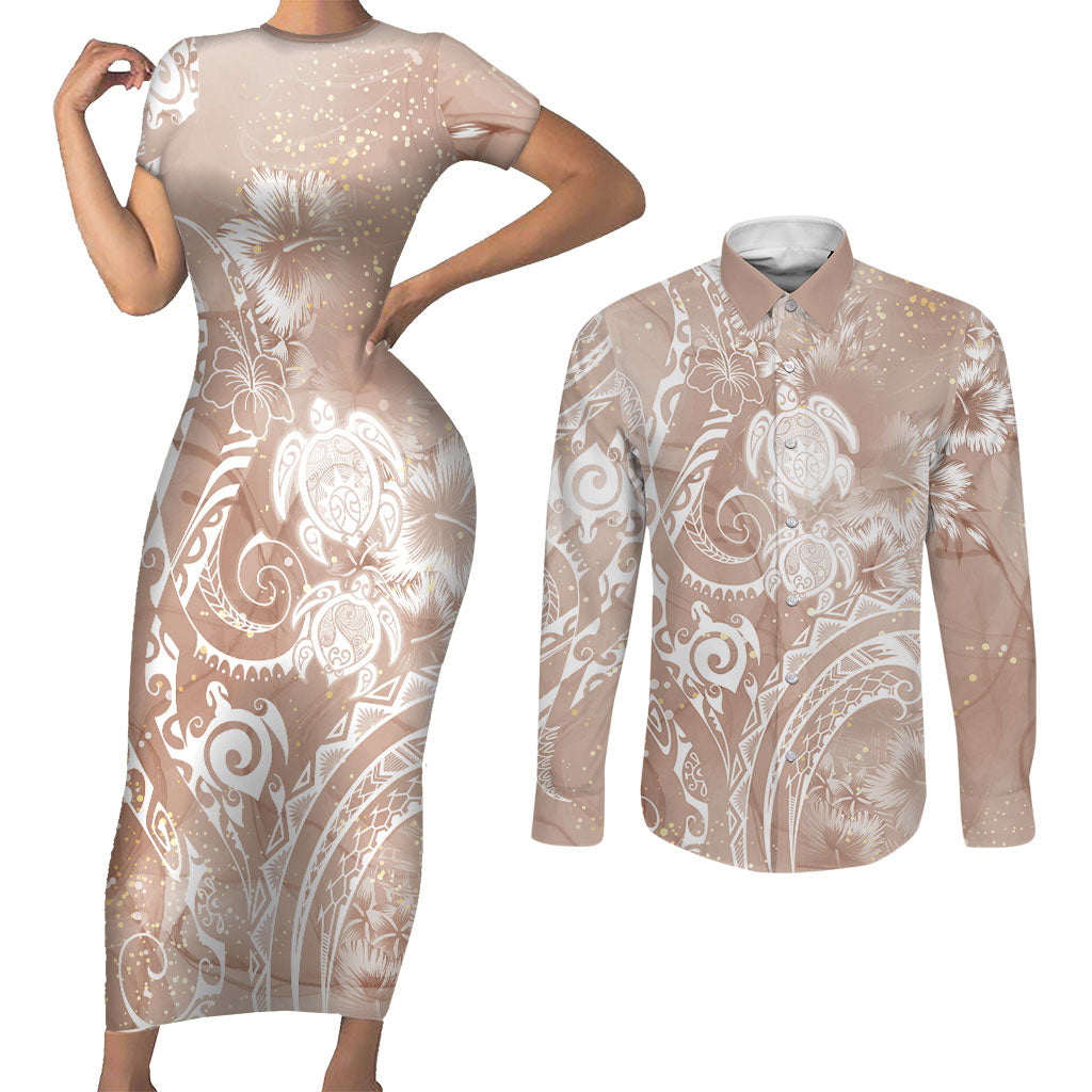 Aloha Hawaii Turtles Floral Couples Matching Short Sleeve Bodycon Dress and Long Sleeve Button Shirt Taupe Marbles Glaze LT7 Taupe - Polynesian Pride