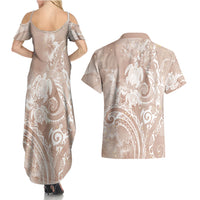 Aloha Hawaii Turtles Floral Couples Matching Summer Maxi Dress and Hawaiian Shirt Taupe Marbles Glaze