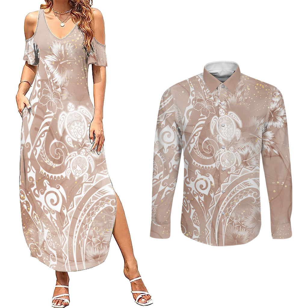 Aloha Hawaii Turtles Floral Couples Matching Summer Maxi Dress and Long Sleeve Button Shirt Taupe Marbles Glaze LT7 Taupe - Polynesian Pride