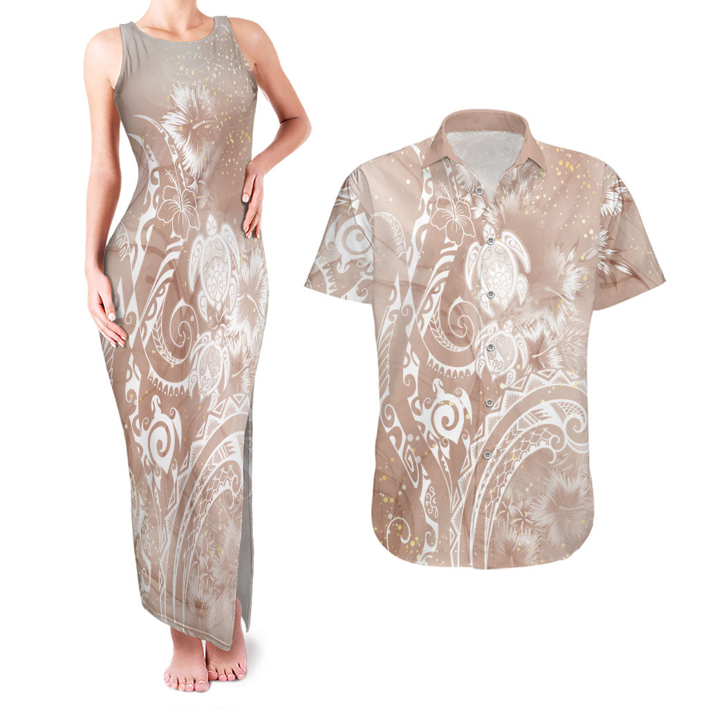 Aloha Hawaii Turtles Floral Couples Matching Tank Maxi Dress and Hawaiian Shirt Taupe Marbles Glaze LT7 Taupe - Polynesian Pride