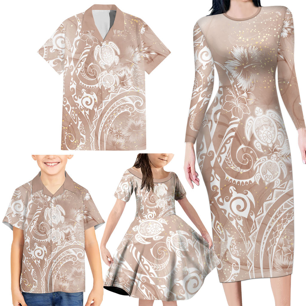 Aloha Hawaii Turtles Floral Family Matching Long Sleeve Bodycon Dress and Hawaiian Shirt Taupe Marbles Glaze