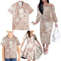Aloha Hawaii Turtles Floral Family Matching Off The Shoulder Long Sleeve Dress and Hawaiian Shirt Taupe Marbles Glaze