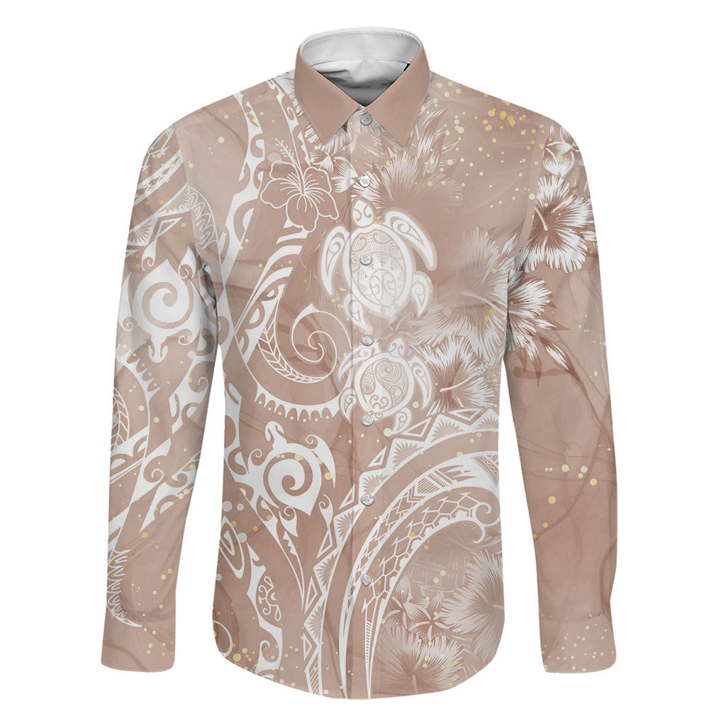 Aloha Hawaii Turtles Floral Family Matching Puletasi and Hawaiian Shirt Taupe Marbles Glaze