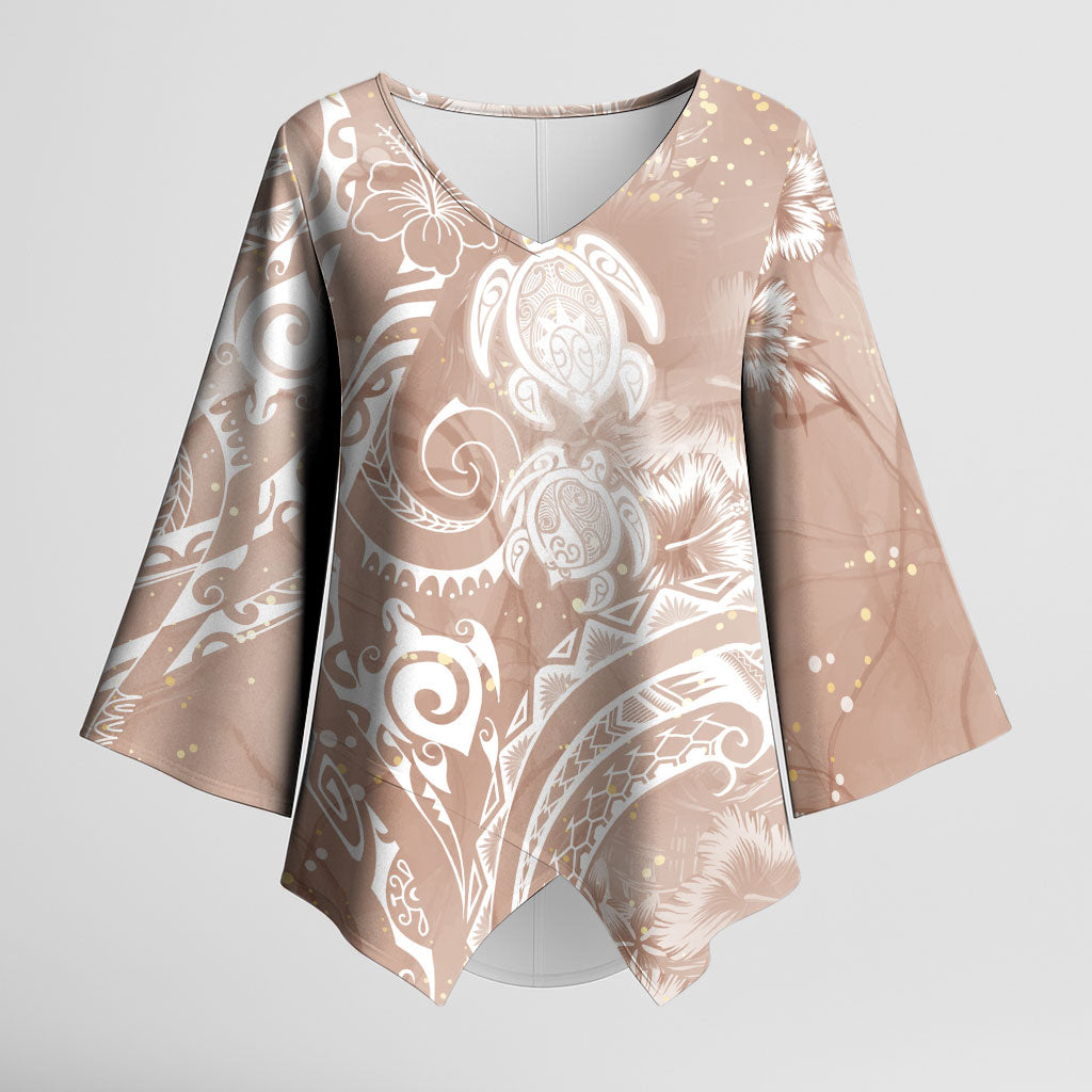 Aloha Hawaii Turtles Floral Kimono Sleeve Blouse Taupe Marbles Glaze