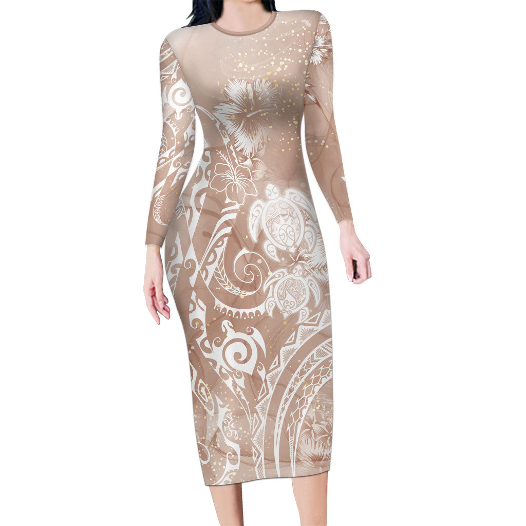 Aloha Hawaii Turtles Floral Long Sleeve Bodycon Dress Taupe Marbles Glaze LT7 Long Dress Taupe - Polynesian Pride