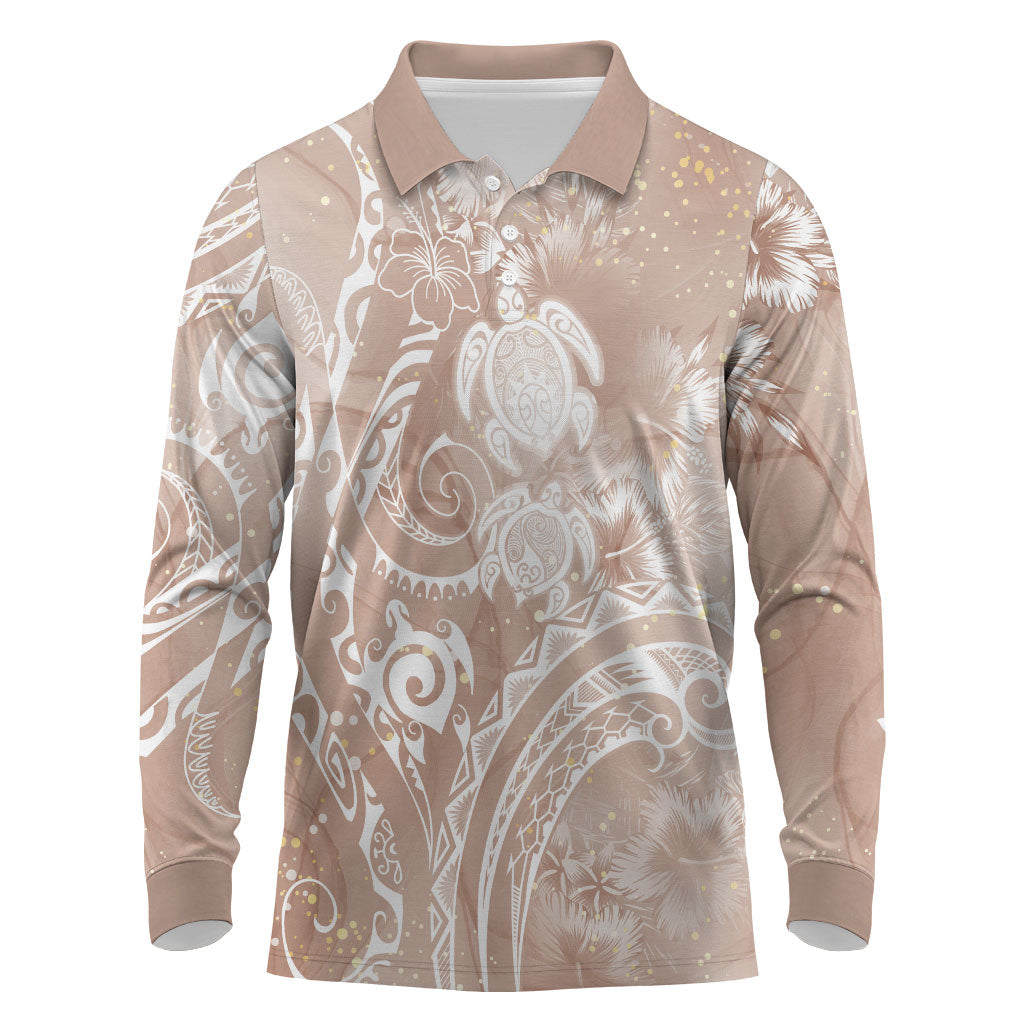Aloha Hawaii Turtles Floral Long Sleeve Polo Shirt Taupe Marbles Glaze