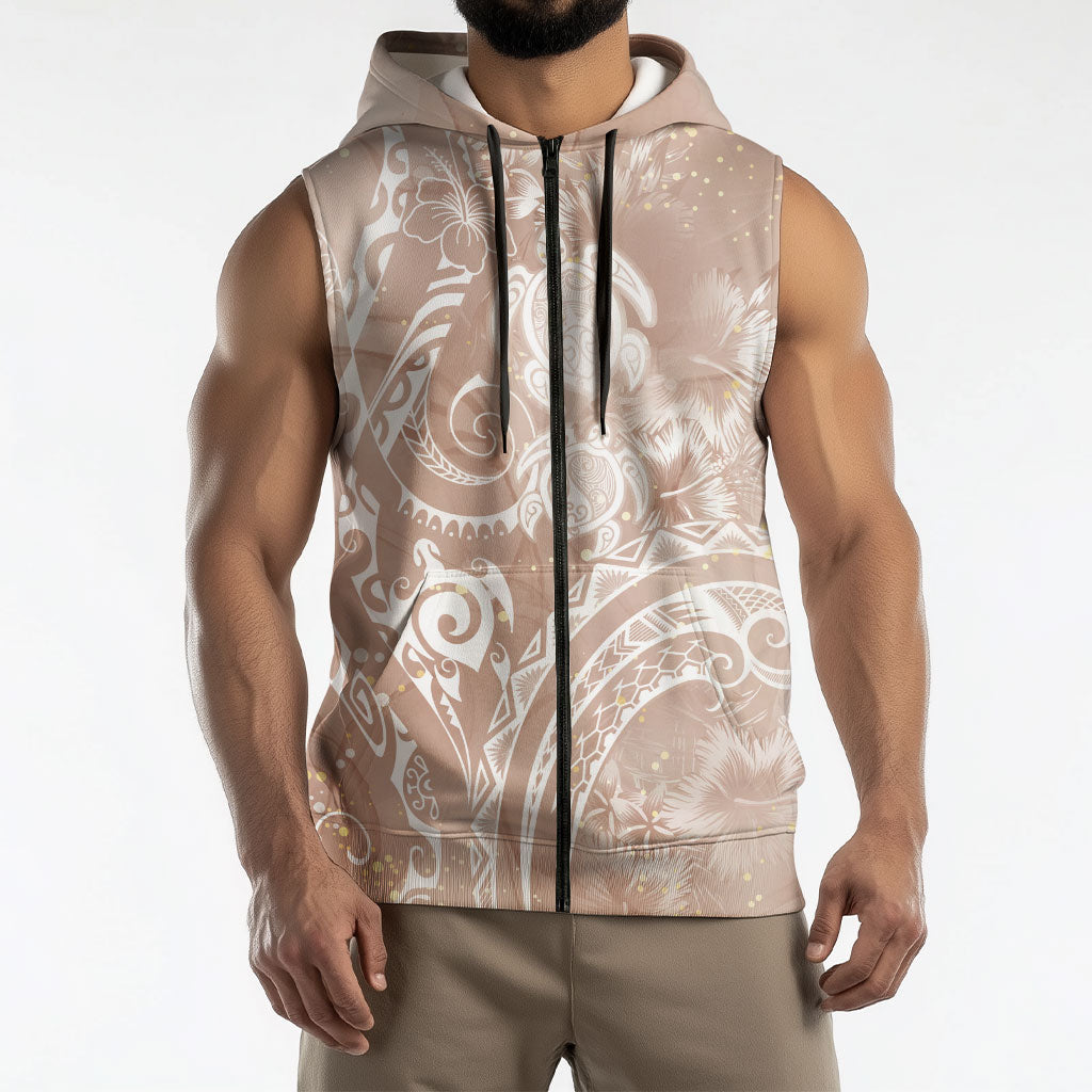 Aloha Hawaii Turtles Floral Sleeveless Zip Hoodie Taupe Marbles Glaze