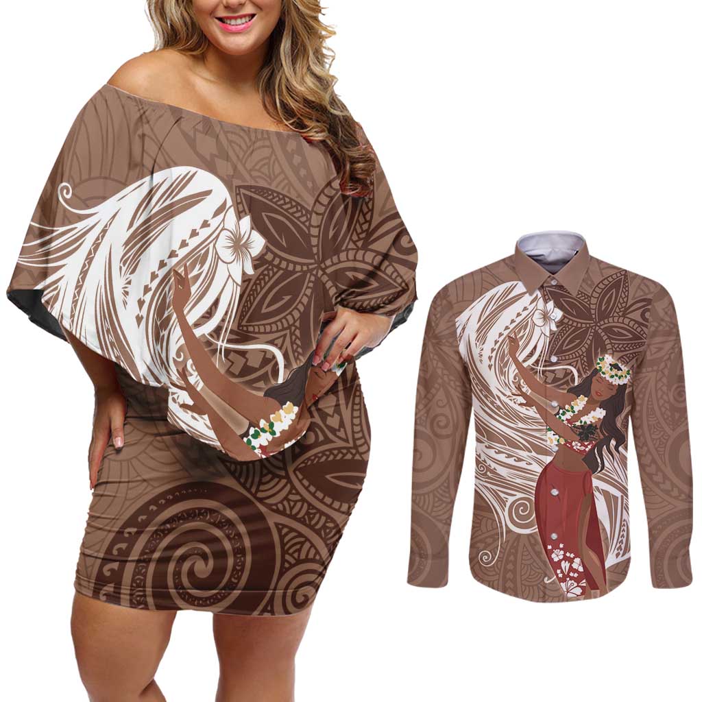 Tahiti Islands Polynesian Plumeria Couples Matching Off Shoulder Short Dress and Long Sleeve Button Shirt Tahitian Vahine 'Ote'a - Beige LT7 Beige - Polynesian Pride