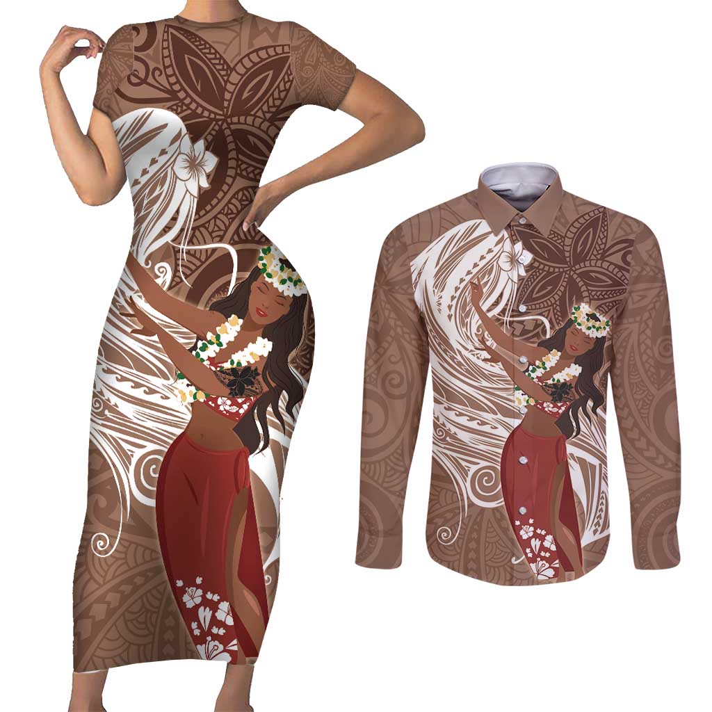 Tahiti Islands Polynesian Plumeria Couples Matching Short Sleeve Bodycon Dress and Long Sleeve Button Shirt Tahitian Vahine 'Ote'a - Beige LT7 Beige - Polynesian Pride