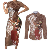 Tahiti Islands Polynesian Plumeria Couples Matching Short Sleeve Bodycon Dress and Long Sleeve Button Shirt Tahitian Vahine 'Ote'a - Beige LT7 Beige - Polynesian Pride