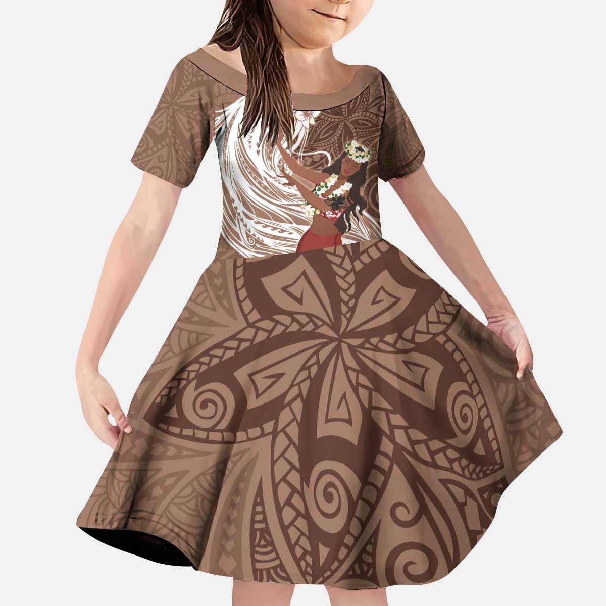 Tahiti Islands Polynesian Plumeria Kid Short Sleeve Dress Tahitian Vahine 'Ote'a - Beige LT7 KID Beige - Polynesian Pride
