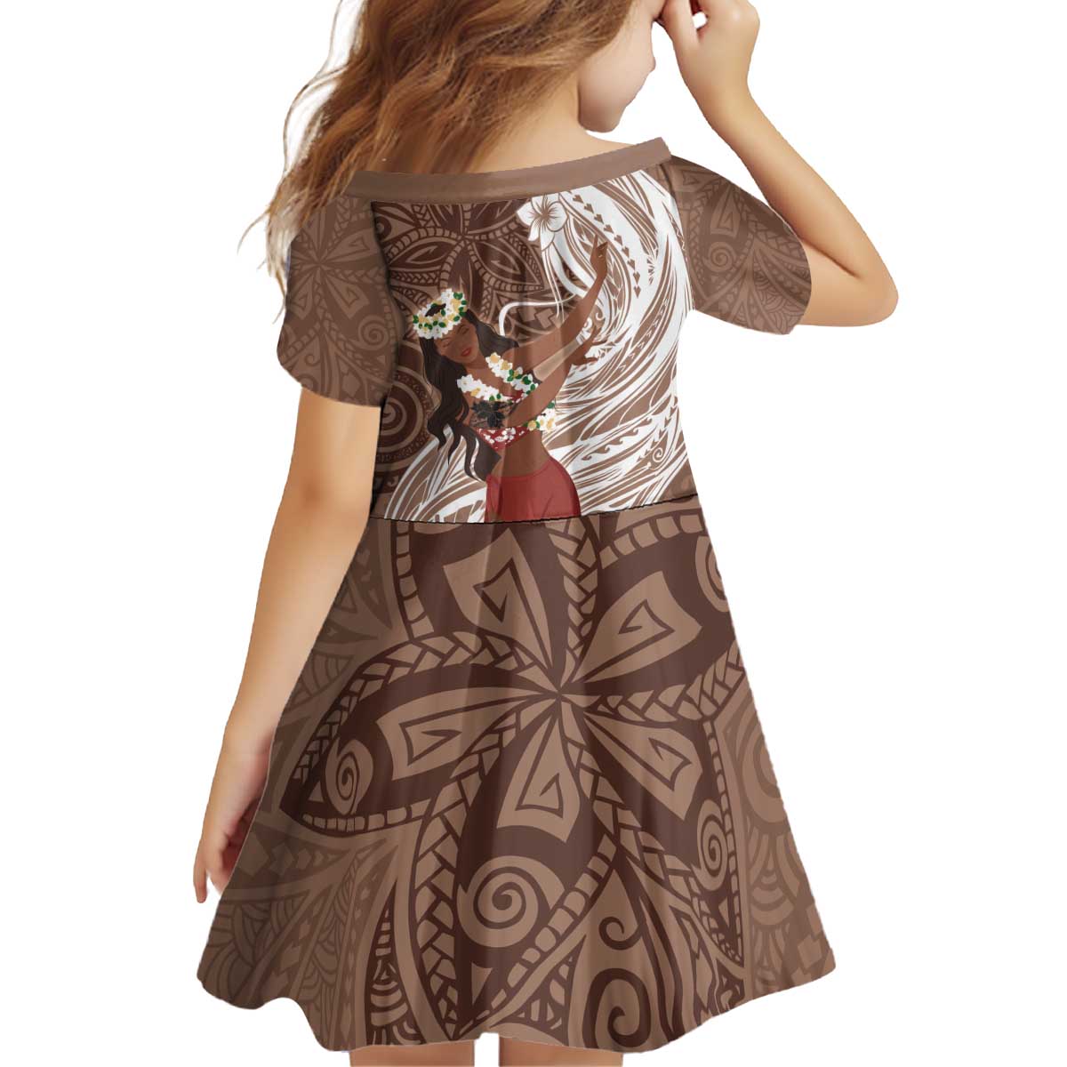 Tahiti Islands Polynesian Plumeria Kid Short Sleeve Dress Tahitian Vahine 'Ote'a - Beige LT7 - Polynesian Pride