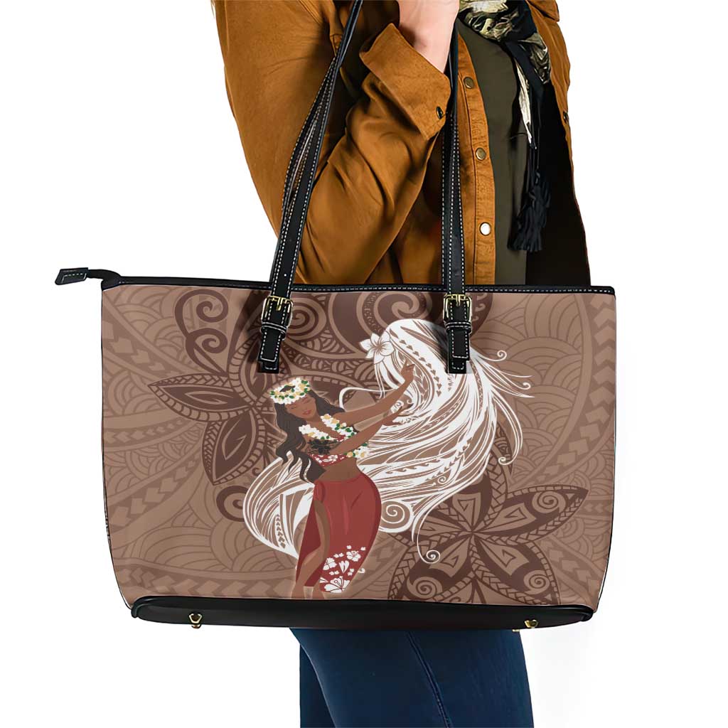 Tahiti Islands Polynesian Plumeria Leather Tote Bag Tahitian Vahine 'Ote'a - Beige LT7 - Polynesian Pride