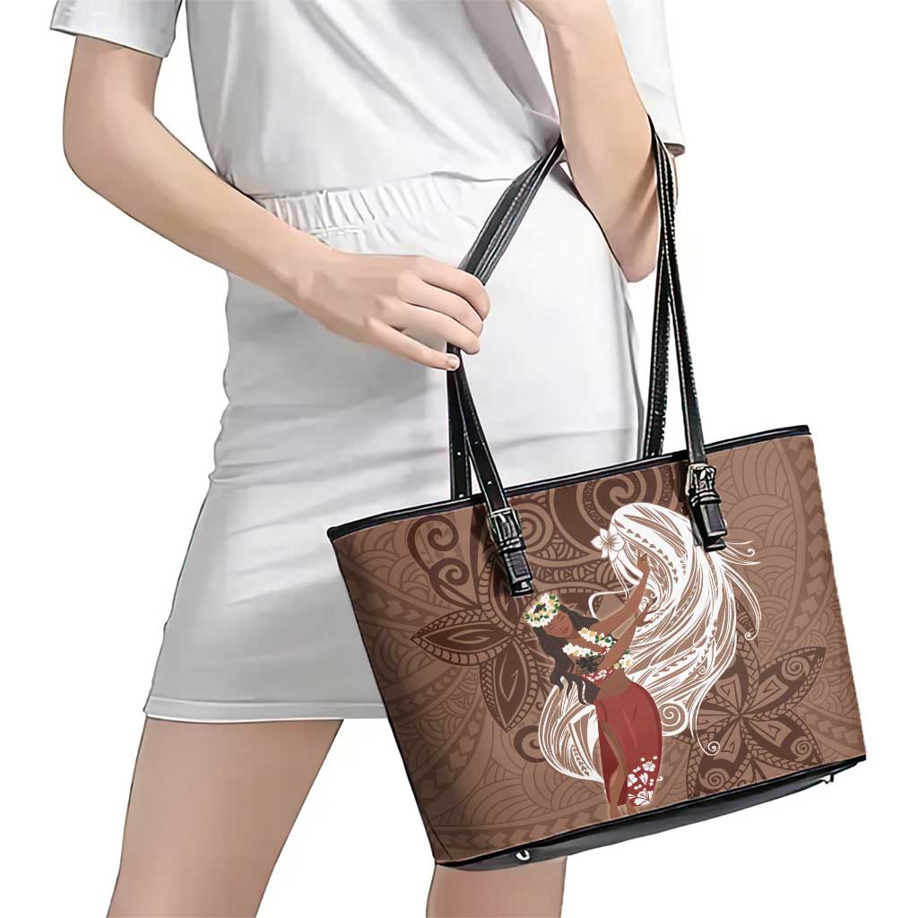 Tahiti Islands Polynesian Plumeria Leather Tote Bag Tahitian Vahine 'Ote'a - Beige LT7 - Polynesian Pride