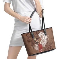 Tahiti Islands Polynesian Plumeria Leather Tote Bag Tahitian Vahine 'Ote'a - Beige LT7 - Polynesian Pride