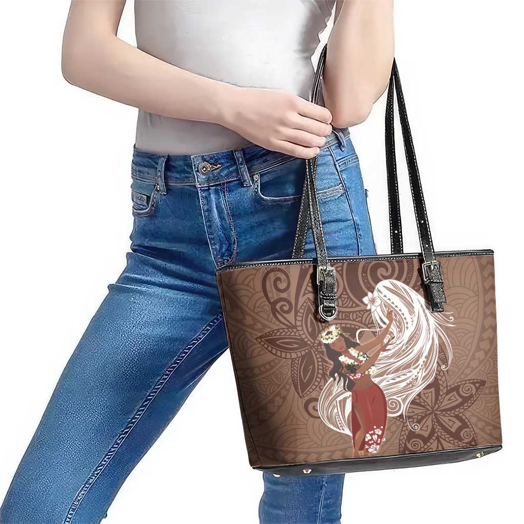 Tahiti Islands Polynesian Plumeria Leather Tote Bag Tahitian Vahine 'Ote'a - Beige LT7 - Polynesian Pride