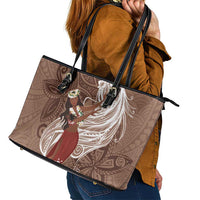 Tahiti Islands Polynesian Plumeria Leather Tote Bag Tahitian Vahine 'Ote'a - Beige LT7 - Polynesian Pride