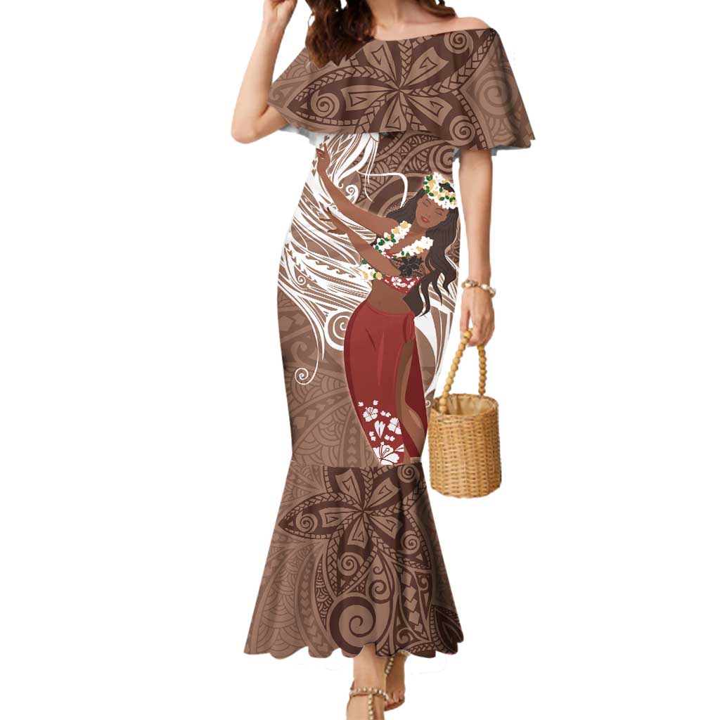 Tahiti Islands Polynesian Plumeria Mermaid Dress Tahitian Vahine 'Ote'a - Beige LT7 Women Beige - Polynesian Pride