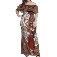 Tahiti Islands Polynesian Plumeria Off Shoulder Maxi Dress Tahitian Vahine 'Ote'a - Beige LT7 Women Beige - Polynesian Pride