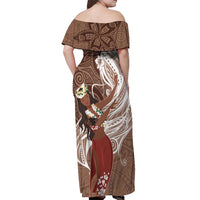Tahiti Islands Polynesian Plumeria Off Shoulder Maxi Dress Tahitian Vahine 'Ote'a - Beige LT7 - Polynesian Pride
